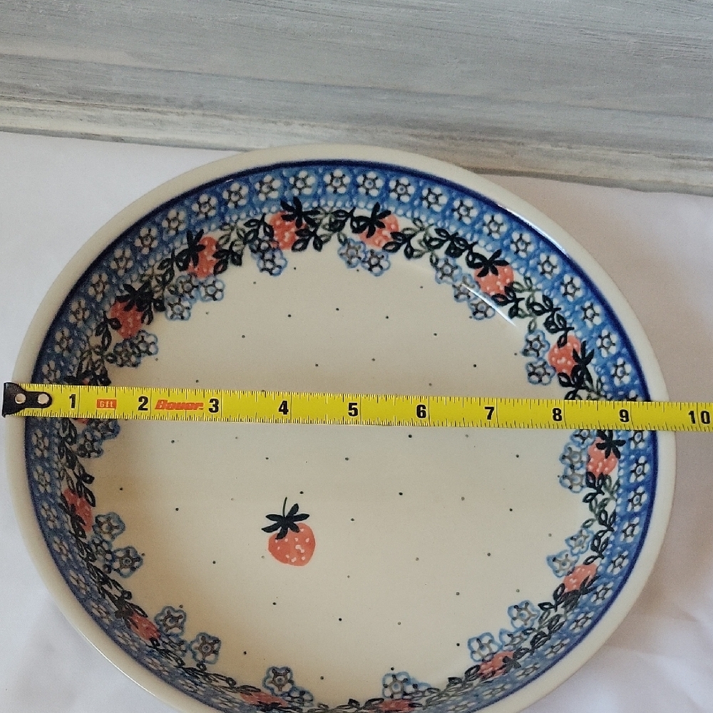 Polish Pottery Floral Blue and Cream Ceramic Bowl With Strawberries - Picture 9 of 13